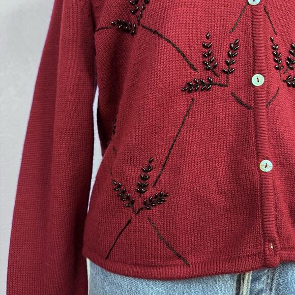Vintage Burgundy Embroidered Cardigan Sweater Faux Fur Collar Beaded Medium Pet - Picture 4 of 7